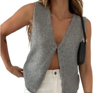 Grey crochet knit sweater vest v-neck